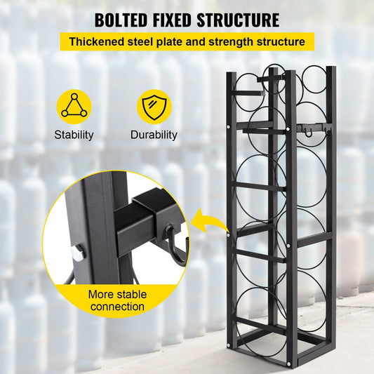 Carbon steel rack stores three 13.5-kilogram cylinders and three smaller bottles securely