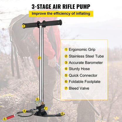 High Pressure 3-Stage Hand Pump, 63 cm, 4500 psi for Tires & Airguns