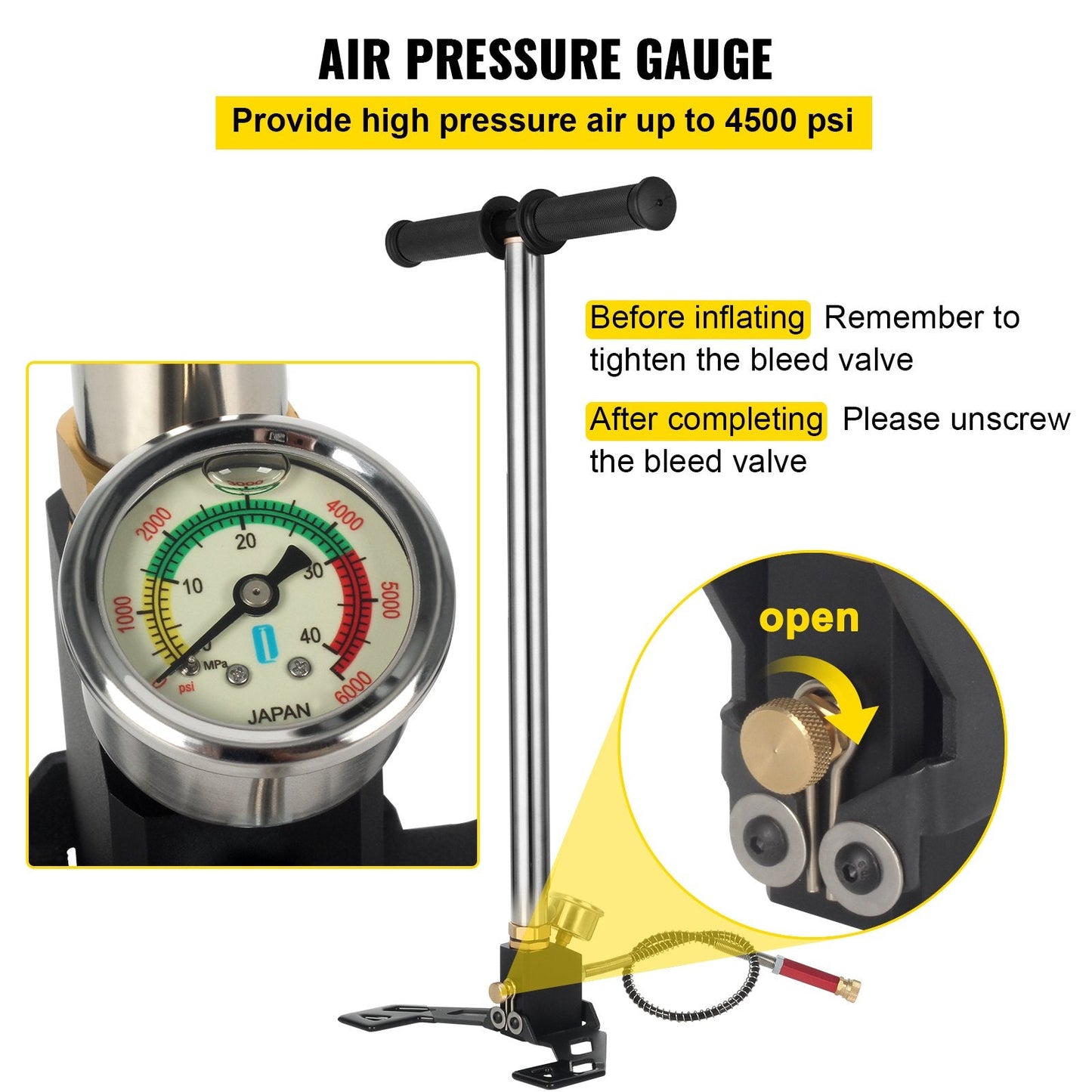 High Pressure 3-Stage Hand Pump, 63 cm, 4500 psi for Tires & Airguns