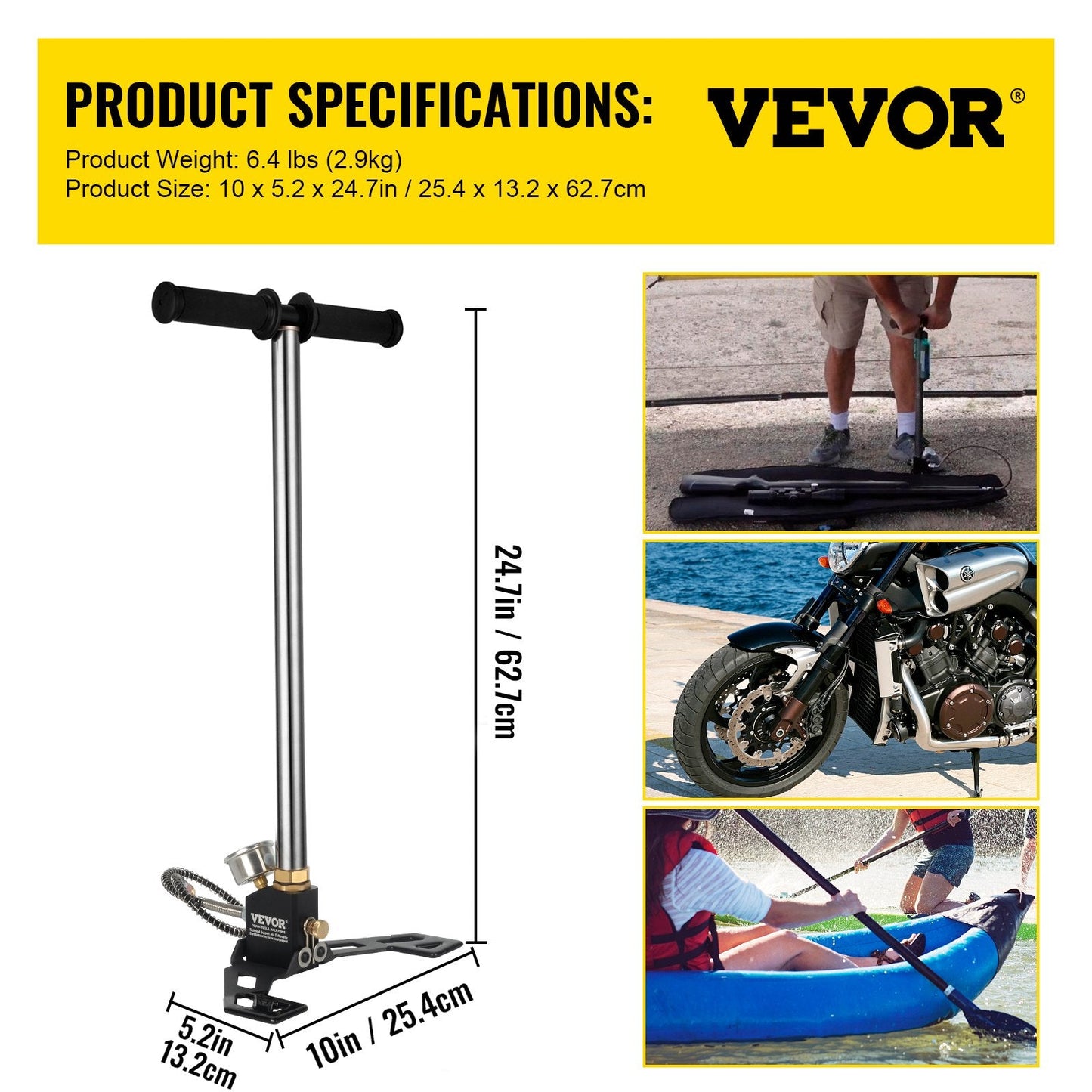 High Pressure 3-Stage Hand Pump, 63 cm, 4500 psi for Tires & Airguns