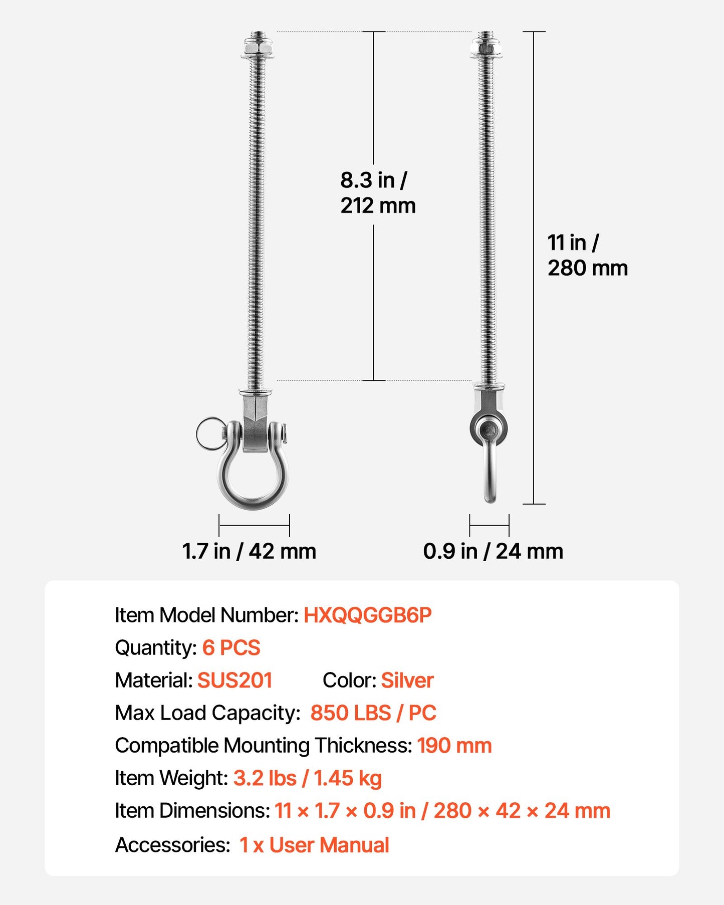 Swing Hangers, 6 Pack Heavy Duty Swing Brackets, 386 kg Each Load Capacity, Smooth Bearing, Stainless Steel Hangers, Ideal for Hammocks Playground Porch Yoga Boxing Bag Indoor Outdoor, Silver