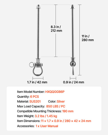 Swing Hangers, 6 Pack Heavy Duty Swing Brackets, 386 kg Each Load Capacity, Smooth Bearing, Stainless Steel Hangers, Ideal for Hammocks Playground Porch Yoga Boxing Bag Indoor Outdoor, Silver