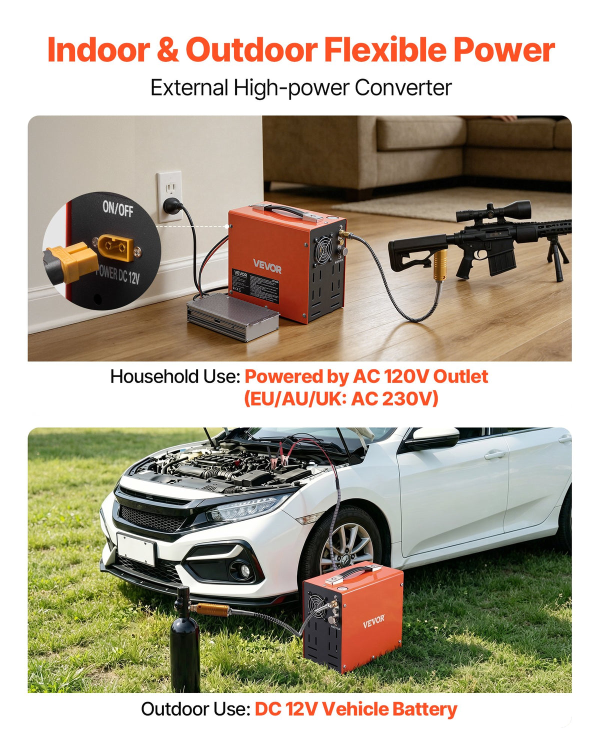 PCP Air Compressor 4500PSI PCP Airgun Compressor & External Converter, Manual Stop 350W DC12V/AC230V Portable Paintball Tank Compressors for Air Rifle, Scuba Diving Bottle