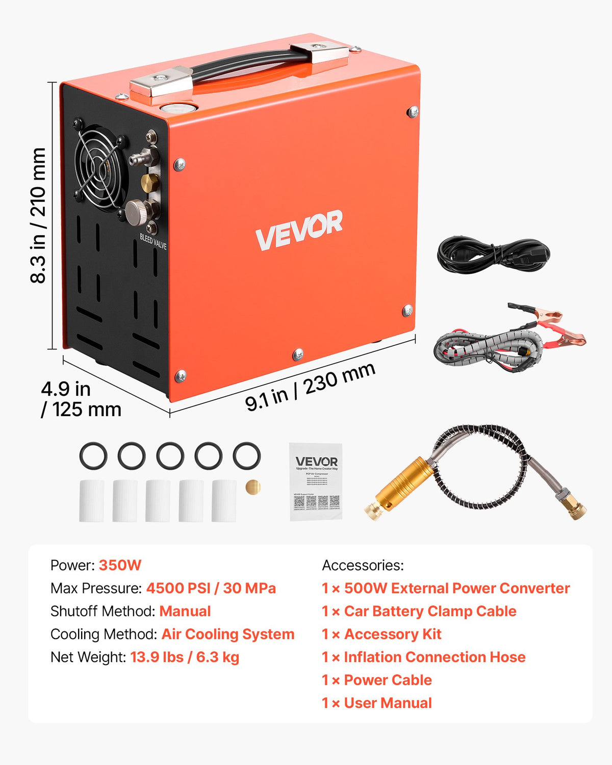 PCP Air Compressor 4500PSI PCP Airgun Compressor & External Converter, Manual Stop 350W DC12V/AC230V Portable Paintball Tank Compressors for Air Rifle, Scuba Diving Bottle
