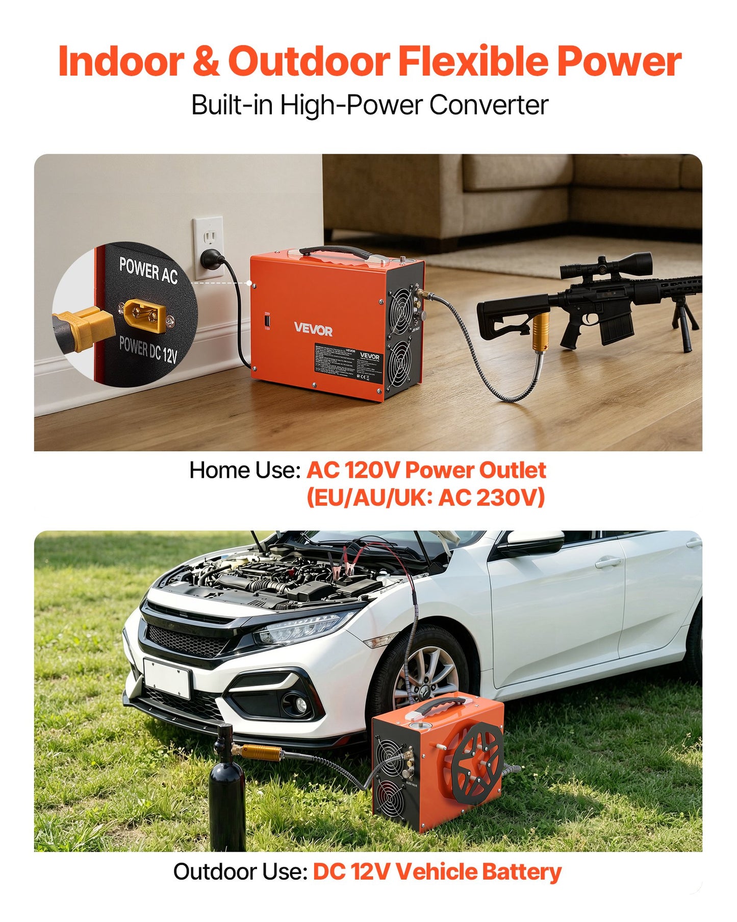PCP Air Compressor 4500PSI PCP Airgun Compressor & Built-in Converter, Auto Stop 350W DC12V/AC230V Portable Paintball Tank Compressors for Air Rifle, Scuba Diving Bottle