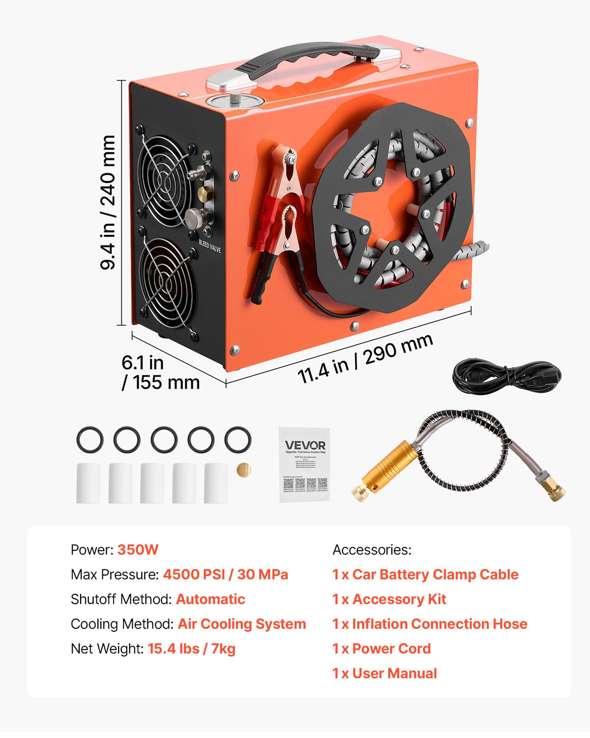 PCP Air Compressor 4500PSI PCP Airgun Compressor & Built-in Converter, Auto Stop 350W DC12V/AC230V Portable Paintball Tank Compressors for Air Rifle, Scuba Diving Bottle