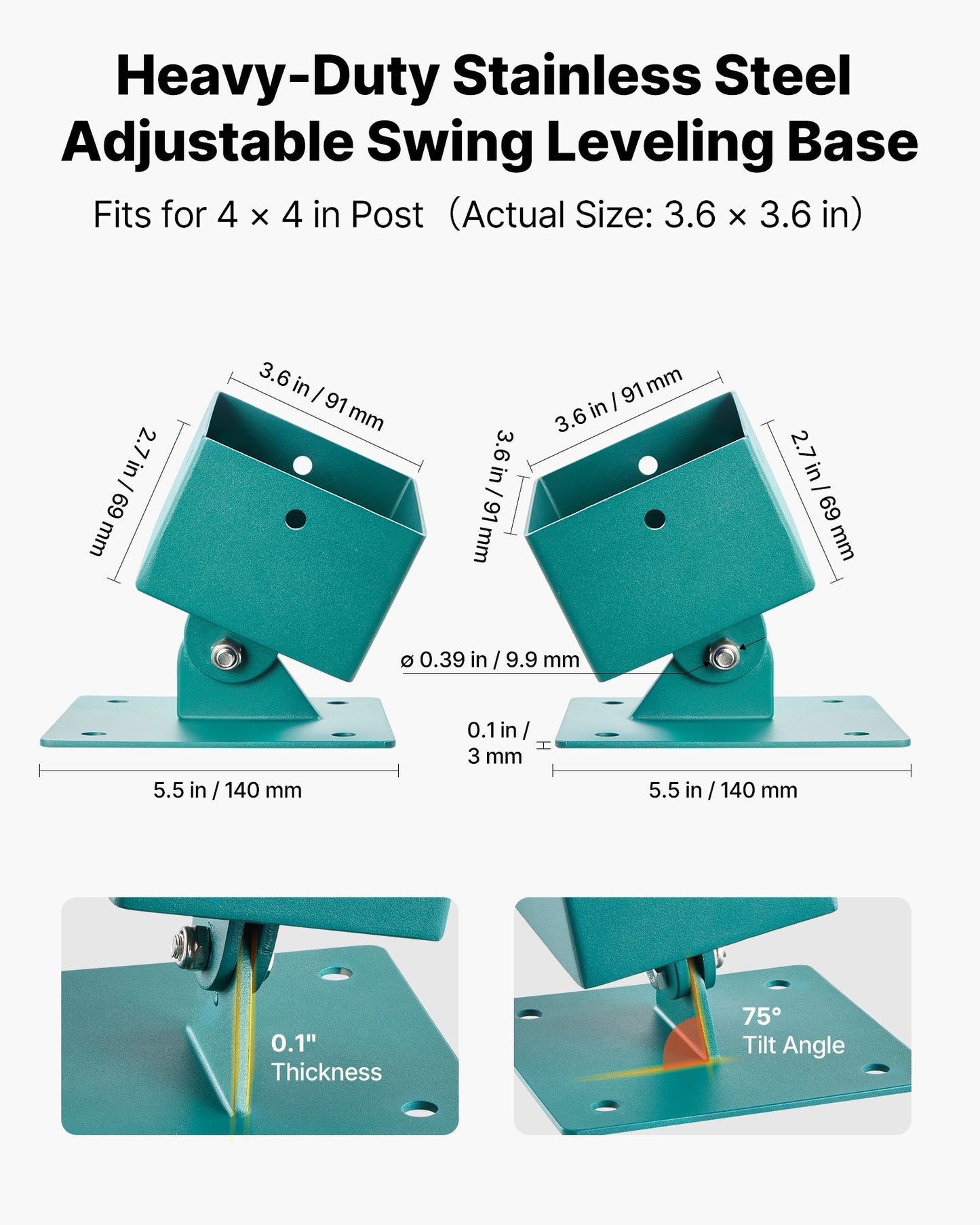 Swing Set Brackets, 4 Pack Heavy Duty Swing Set Leveling Hardware, Fits 101.6 x 101.6 mm Post (Actual Size 91 x 91 mm), 45°-60° Angle Range, Stainless Steel Anchor Level Kit on Uneven Ground