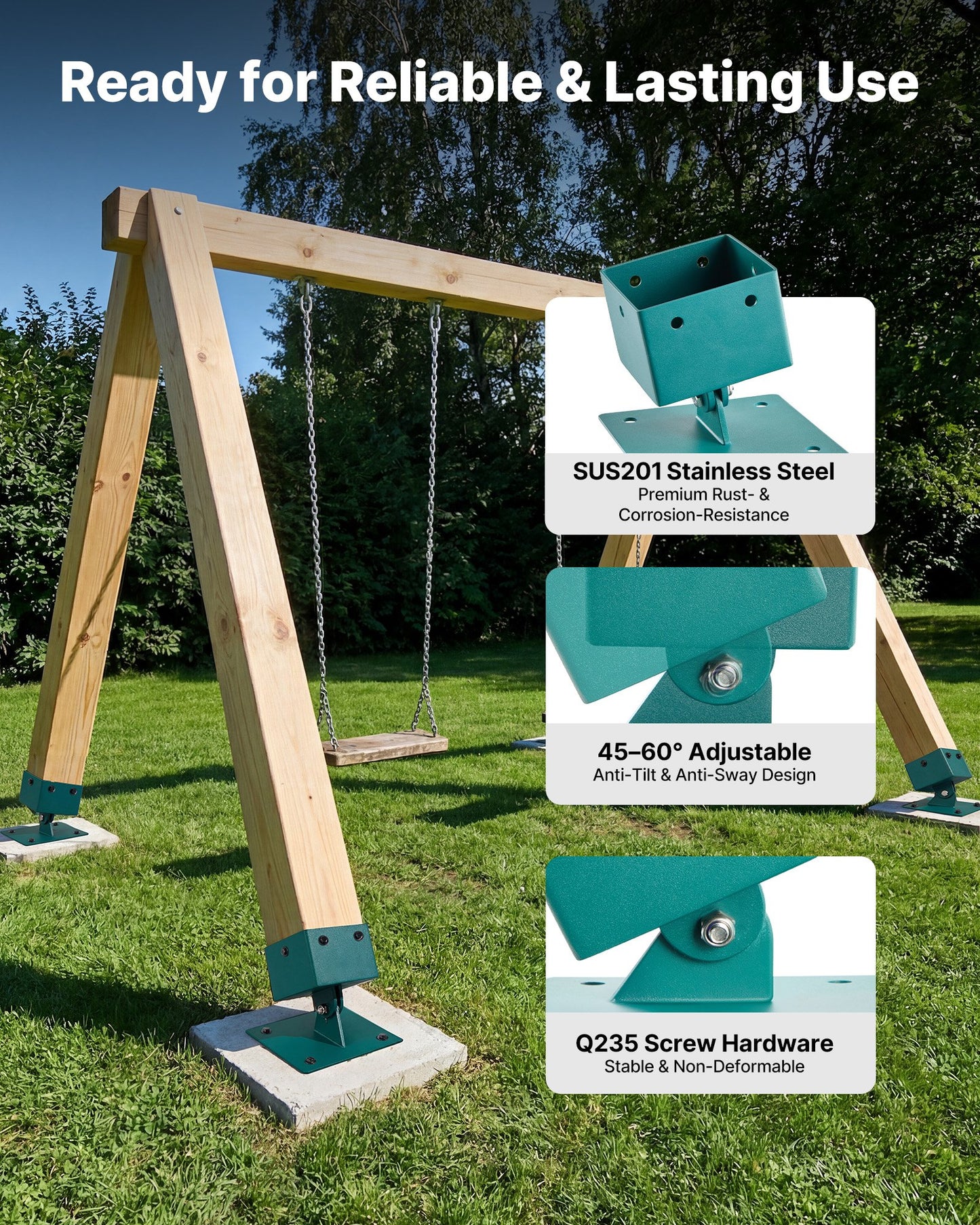 Swing Set Brackets, 4 Pack Heavy Duty Swing Set Leveling Hardware, Fits 101.6 x 101.6 mm Post (Actual Size 91 x 91 mm), 45°-60° Angle Range, Stainless Steel Anchor Level Kit on Uneven Ground