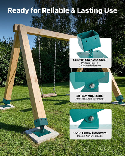 Swing Set Brackets, 4 Pack Heavy Duty Swing Set Leveling Hardware, Fits 101.6 x 101.6 mm Post (Actual Size 91 x 91 mm), 45°-60° Angle Range, Stainless Steel Anchor Level Kit on Uneven Ground