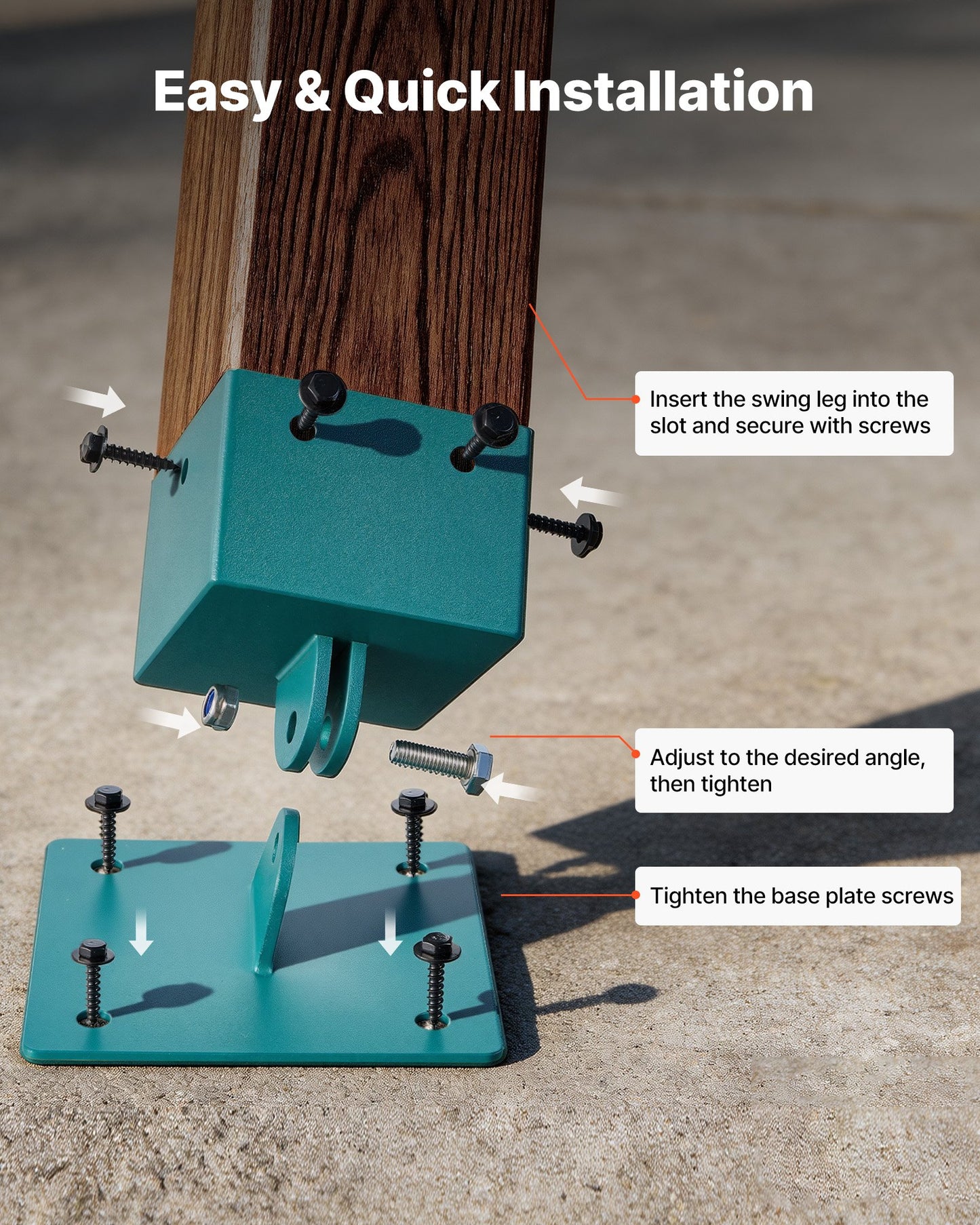 Swing Set Brackets, 4 Pack Heavy Duty Swing Set Leveling Hardware, Fits 101.6 x 101.6 mm Post (Actual Size 91 x 91 mm), 45°-60° Angle Range, Stainless Steel Anchor Level Kit on Uneven Ground