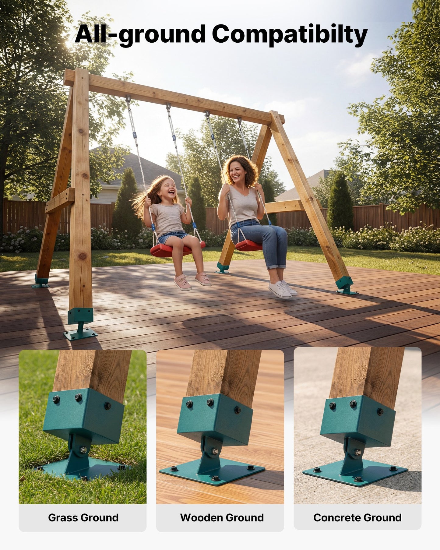 Swing Set Brackets, 4 Pack Heavy Duty Swing Set Leveling Hardware, Fits 101.6 x 101.6 mm Post (Actual Size 91 x 91 mm), 45°-60° Angle Range, Stainless Steel Anchor Level Kit on Uneven Ground