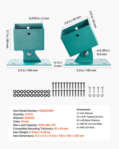 Swing Set Brackets, 4 Pack Heavy Duty Swing Set Leveling Hardware, Fits 101.6 x 101.6 mm Post (Actual Size 91 x 91 mm), 45°-60° Angle Range, Stainless Steel Anchor Level Kit on Uneven Ground
