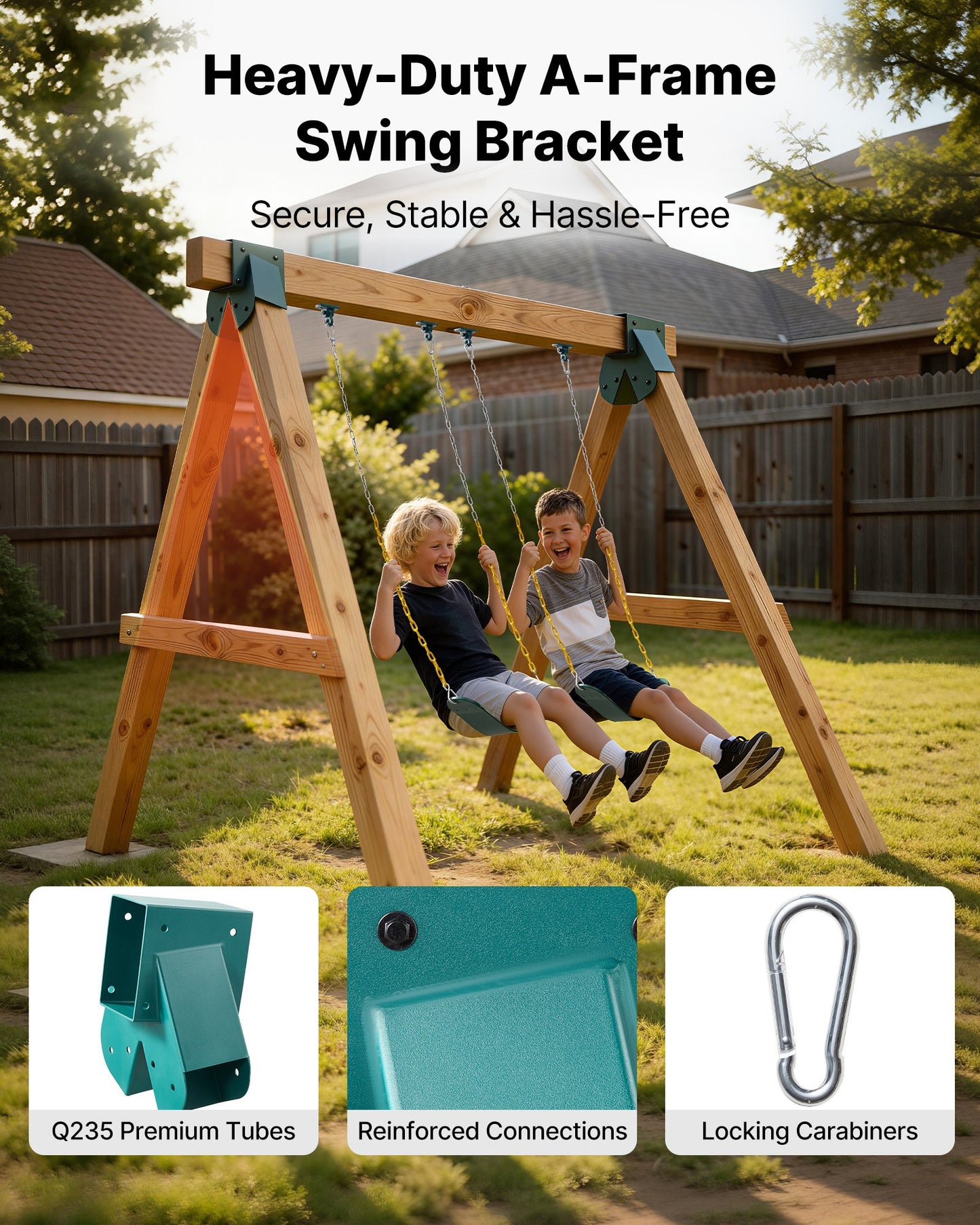 Swing Set Brackets, Heavy-Duty A-frame Set Hardware, with 2 A-Frame Swing Brackets & 2 Seats & 4 Hangers, for Playground Backyard Park Equipment Mounting Parts Outdoor, Hardware Included, Green