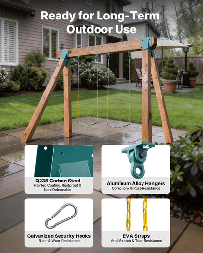 Swing Set Brackets, Heavy-Duty A-frame Set Hardware, with 2 A-Frame Swing Brackets & 2 Seats & 4 Hangers, for Playground Backyard Park Equipment Mounting Parts Outdoor, Hardware Included, Green