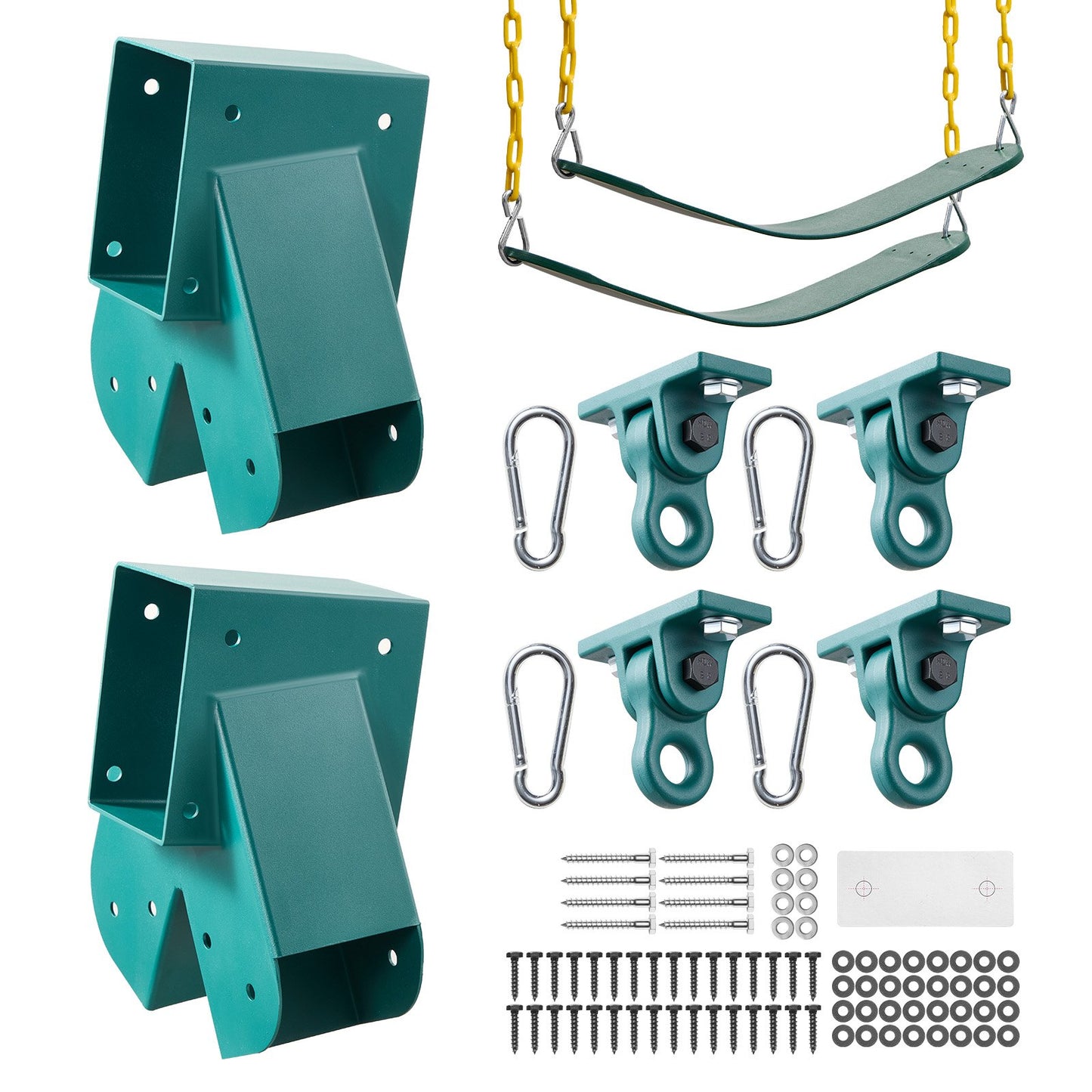 Swing Set Brackets, Heavy-Duty A-frame Set Hardware, with 2 A-Frame Swing Brackets & 2 Seats & 4 Hangers, for Playground Backyard Park Equipment Mounting Parts Outdoor, Hardware Included, Green