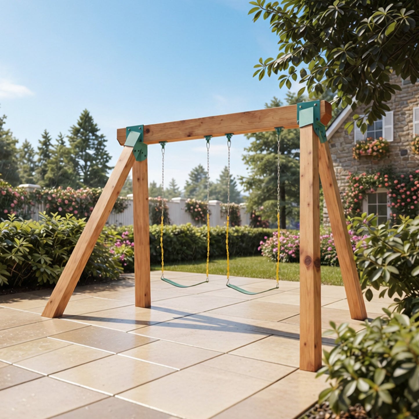 Swing Set Brackets, Heavy-Duty A-frame Set Hardware, with 2 A-Frame Swing Brackets & 4 Hangers, Sturdy for Playground Backyard Park Equipment Mounting Parts Outdoor, Hardware Included, Green