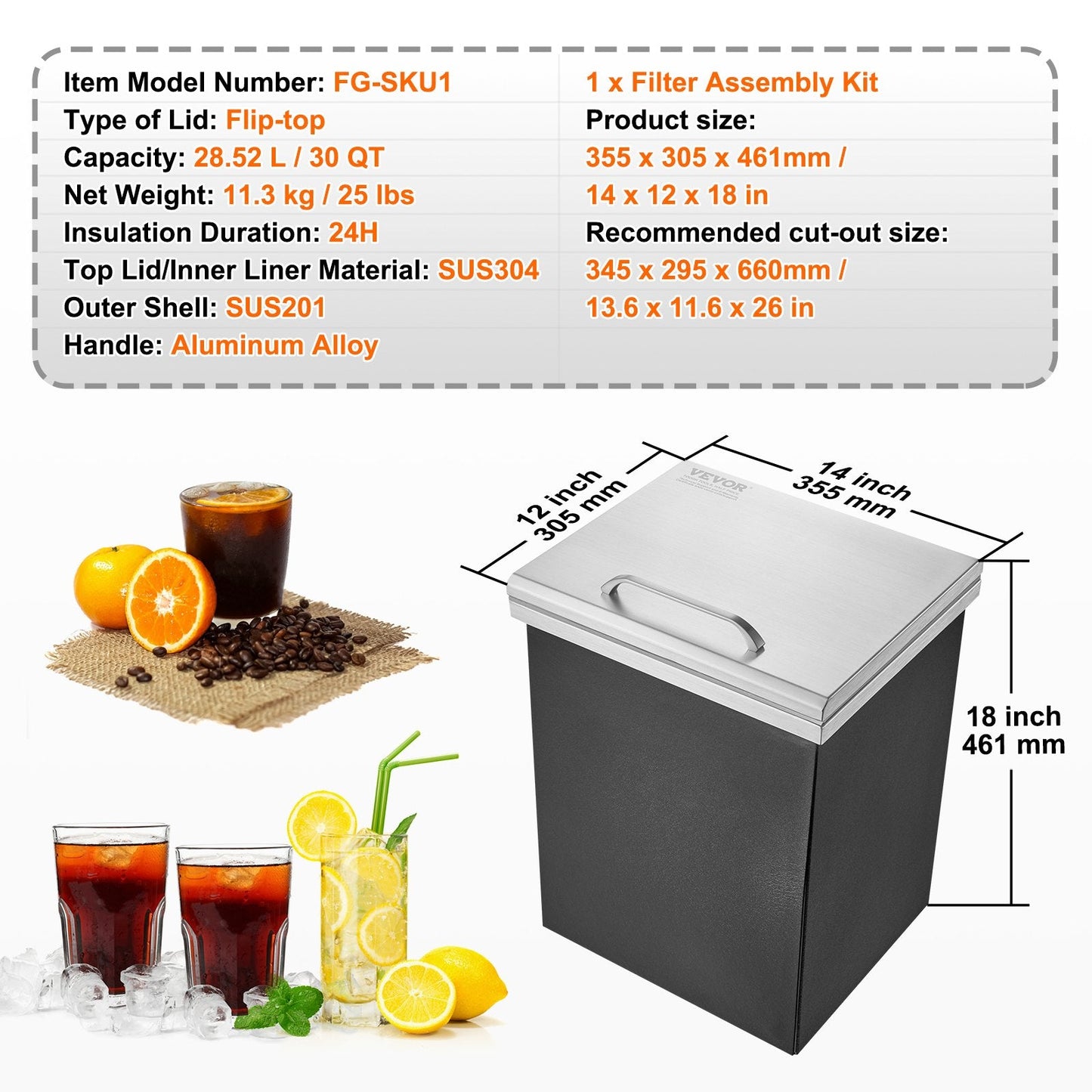 Stainless Steel Ice Bin 14x12x18cm for Outdoor Kitchens - 28.5L Capacity