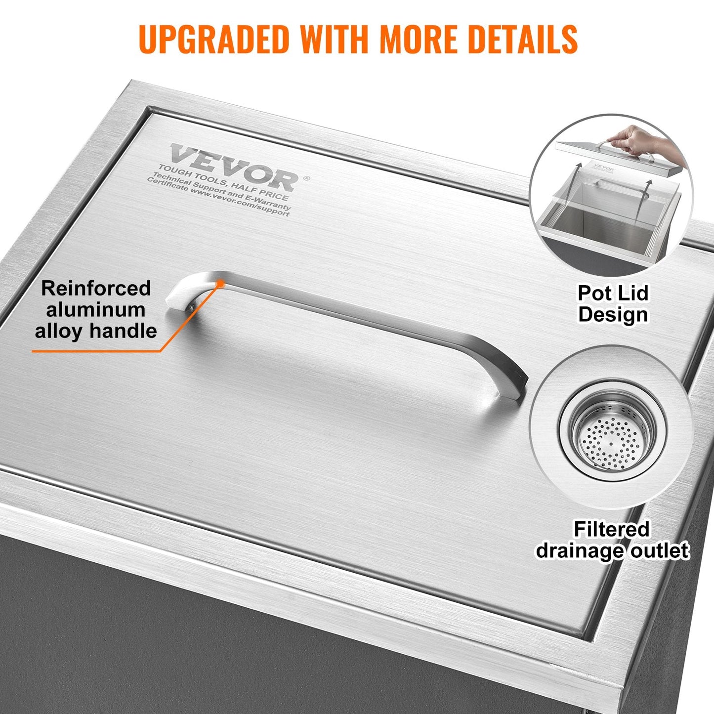 Stainless Steel Ice Chest, 0.35m x 0.3m x 0.46m, 25L, Outdoor Ice Bin with Lid