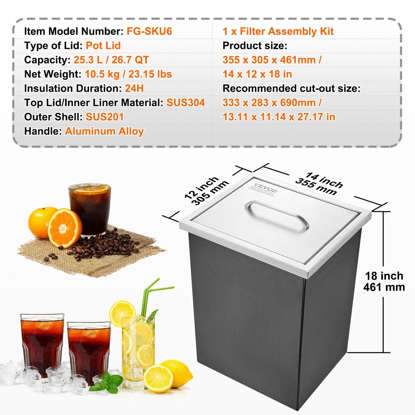Stainless Steel Ice Chest, 0.35m x 0.3m x 0.46m, 25L, Outdoor Ice Bin with Lid