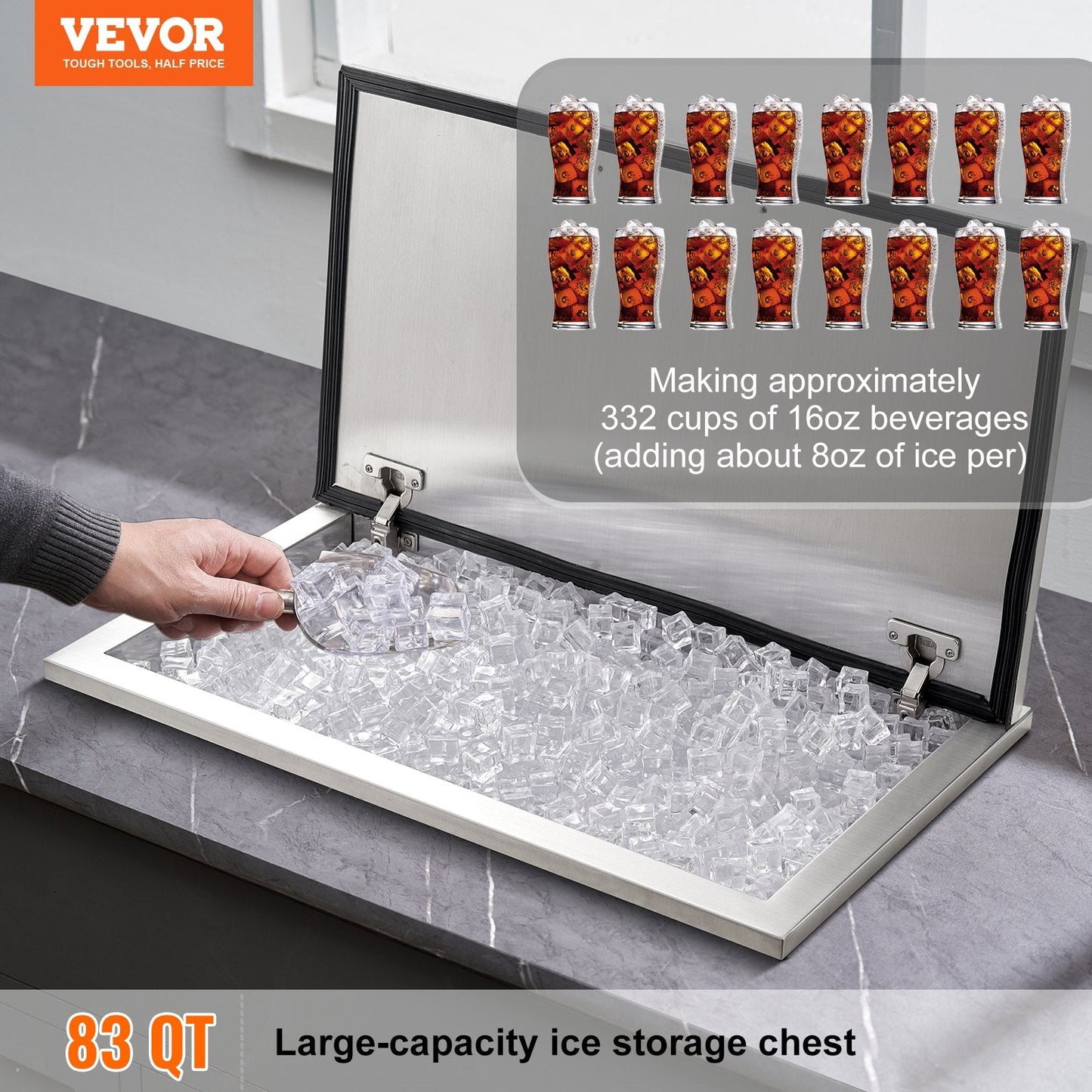 Stainless Steel Embedded Ice Chest with Hinged Cover, 78L Capacity, 0.6m x 0.5m