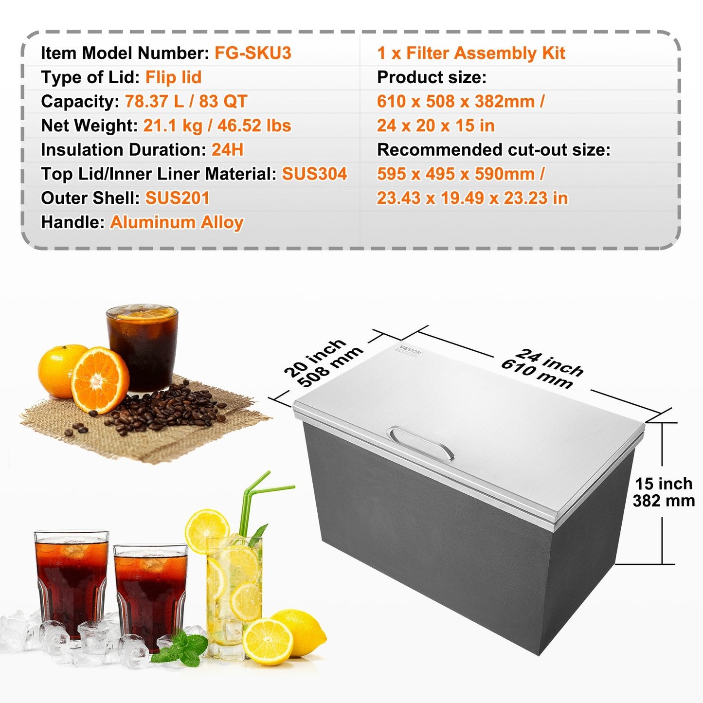 Stainless Steel Embedded Ice Chest with Hinged Cover, 78L Capacity, 0.6m x 0.5m