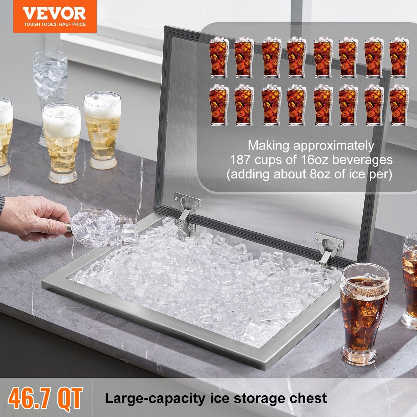 Stainless Steel Drop-in Ice Chest with Hinged Lid, 44L Capacity for Outdoor Use