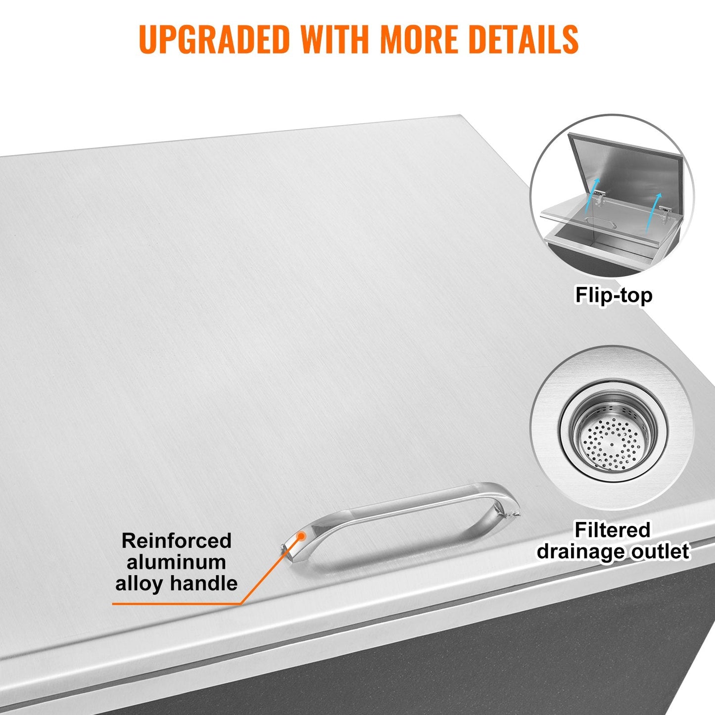 Stainless Steel Drop-in Ice Chest with Hinged Lid, 44L Capacity for Outdoor Use