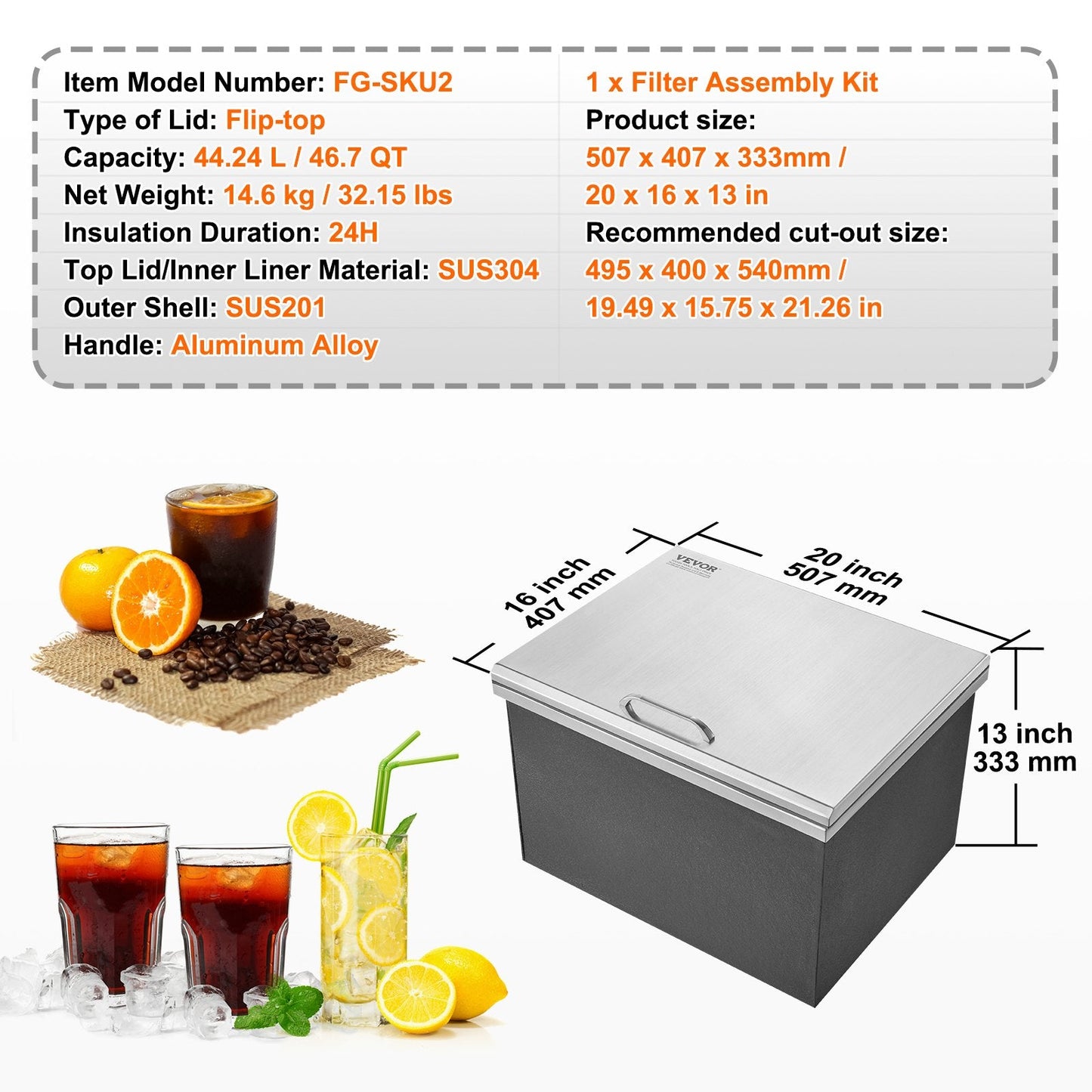 Stainless Steel Drop-in Ice Chest with Hinged Lid, 44L Capacity for Outdoor Use