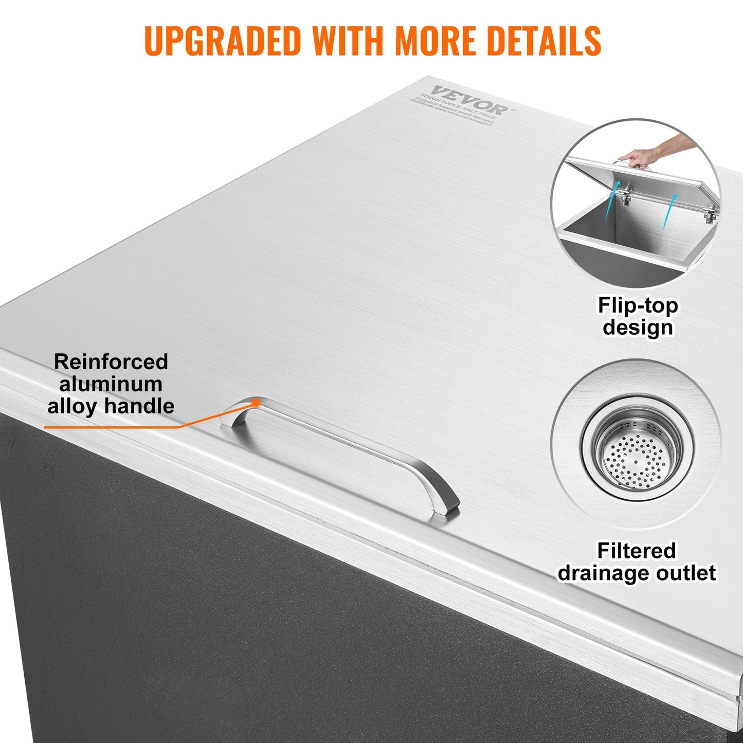 Stainless Steel Drop-In Ice Chest with Hinged Cover, 82.6L Capacity