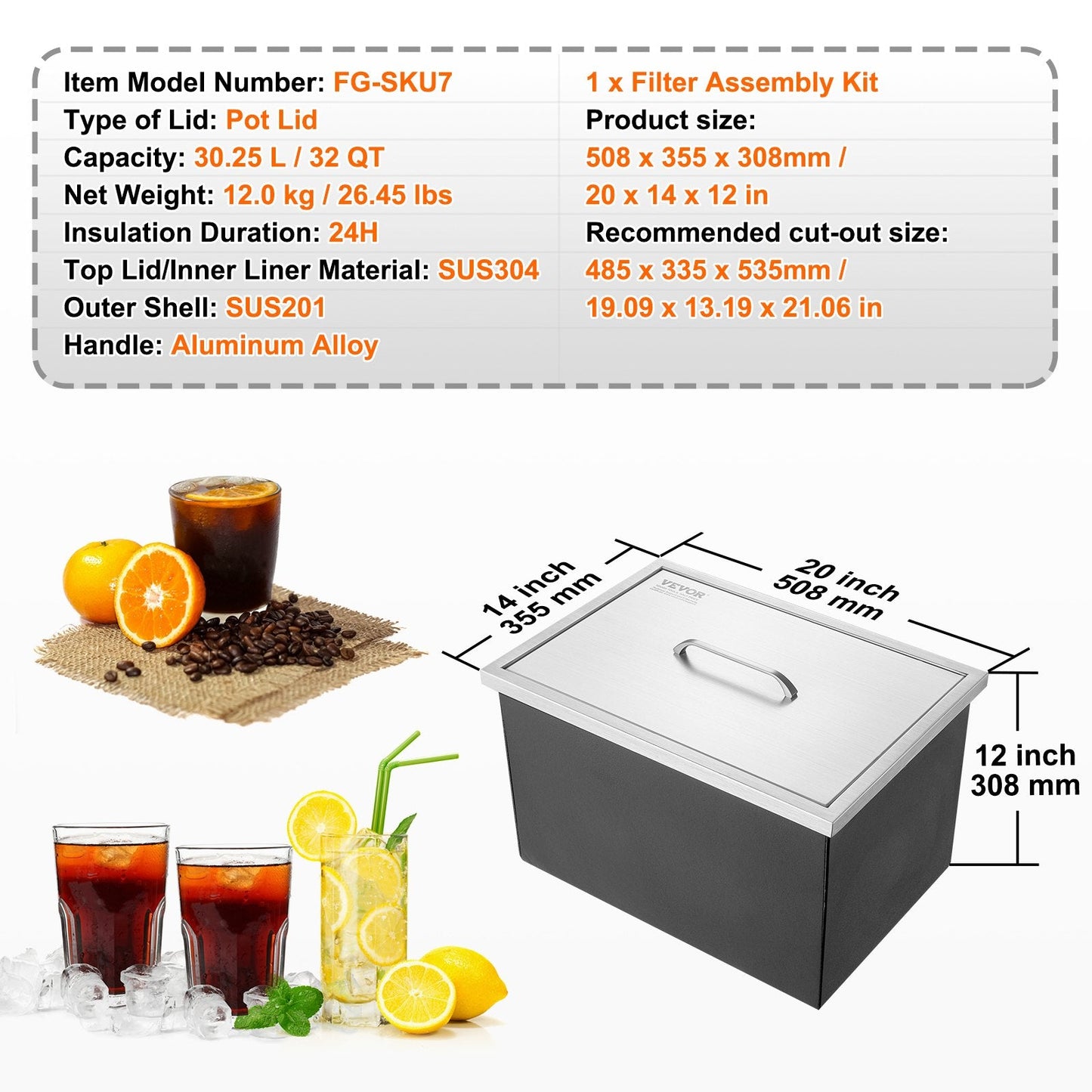 Stainless Steel Drop-In Ice Chest 0.5m x 0.35m x 0.3m for Outdoor Kitchens