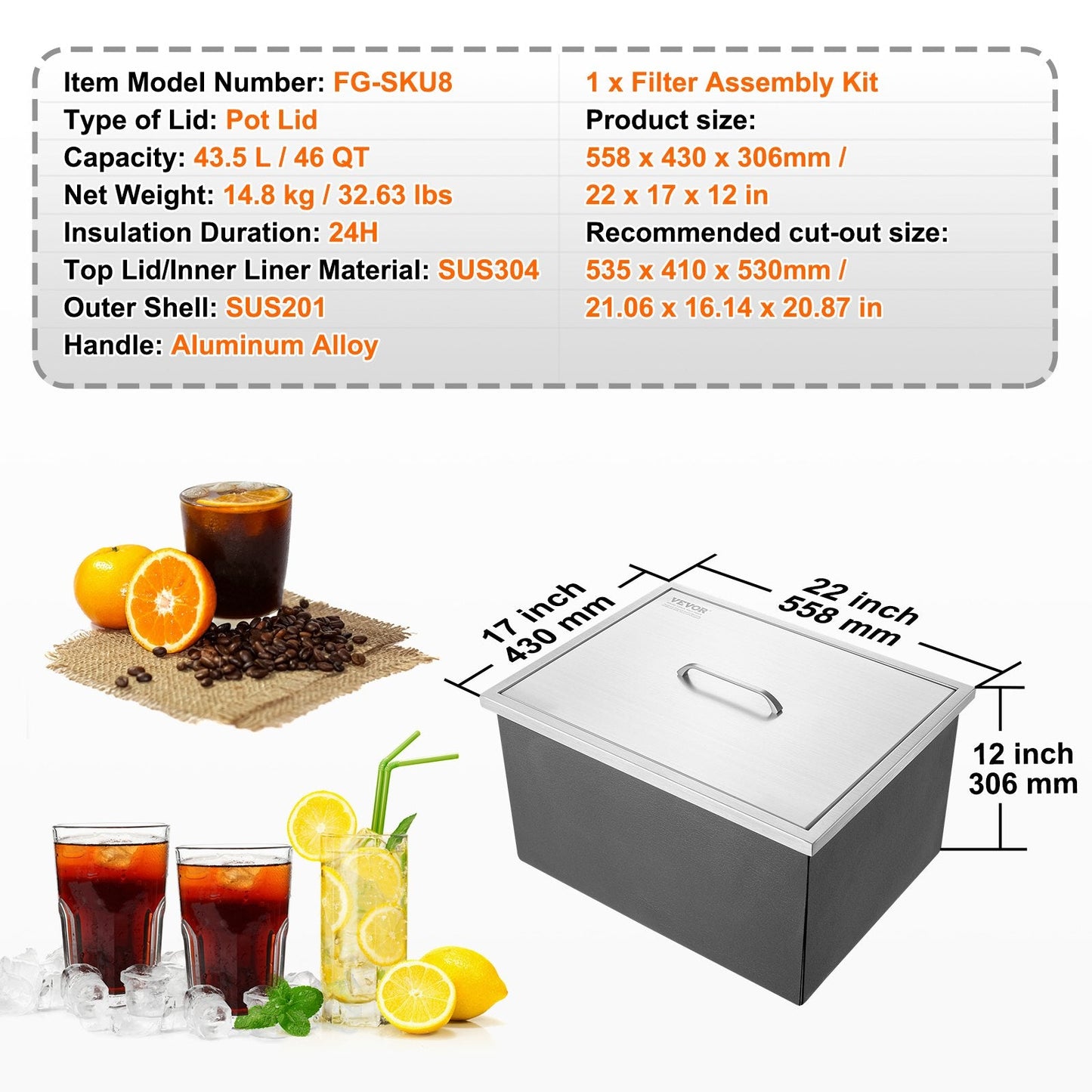 Stainless Steel 0.56m x 0.43m Ice Chest, 43.5L Capacity, for Outdoor Kitchens