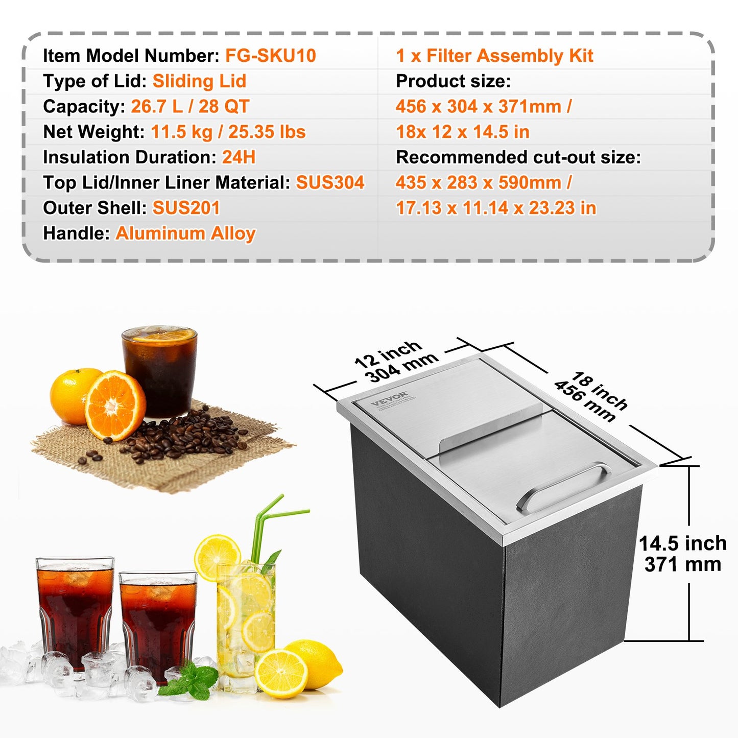 VEVOR Drop in Ice Chest, 18"L x 12"W x 14.5"H Stainless Steel Ice Cooler, Commercial