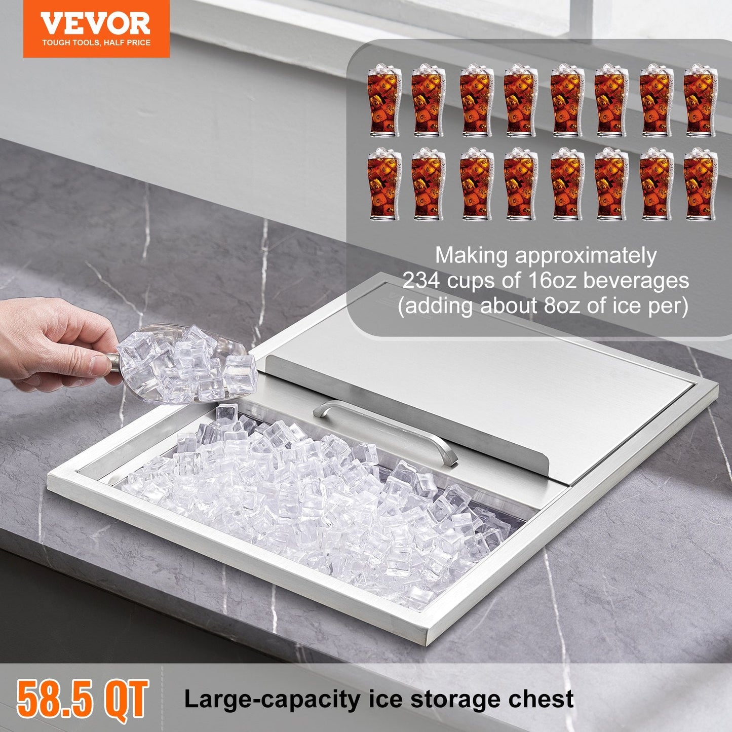 Stainless Steel 0.6m x 0.45m Drop-In Ice Chest with Sliding Cover, 55L Capacity