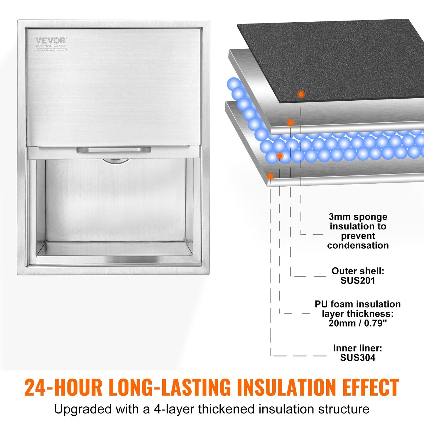 Stainless Steel 0.6m x 0.45m Drop-In Ice Chest with Sliding Cover, 55L Capacity