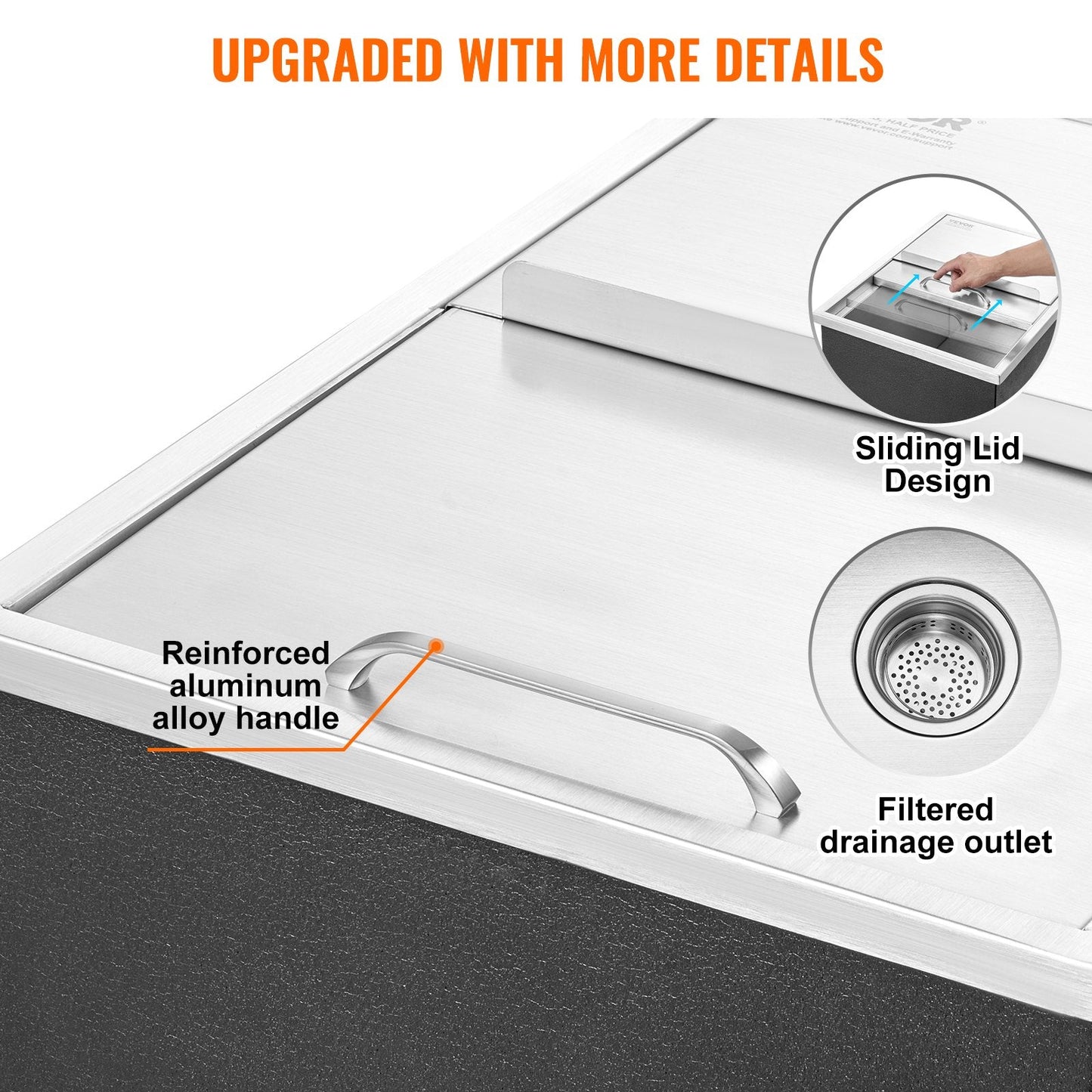 Stainless Steel 0.6m x 0.45m Drop-In Ice Chest with Sliding Cover, 55L Capacity