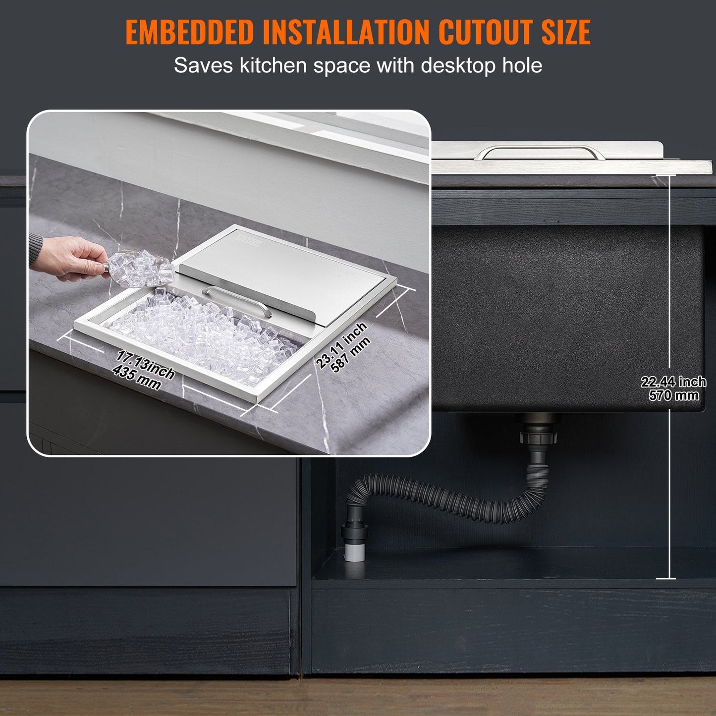Stainless Steel 0.6m x 0.45m Drop-In Ice Chest with Sliding Cover, 55L Capacity