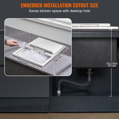 Stainless Steel 0.6m x 0.45m Drop-In Ice Chest with Sliding Cover, 55L Capacity