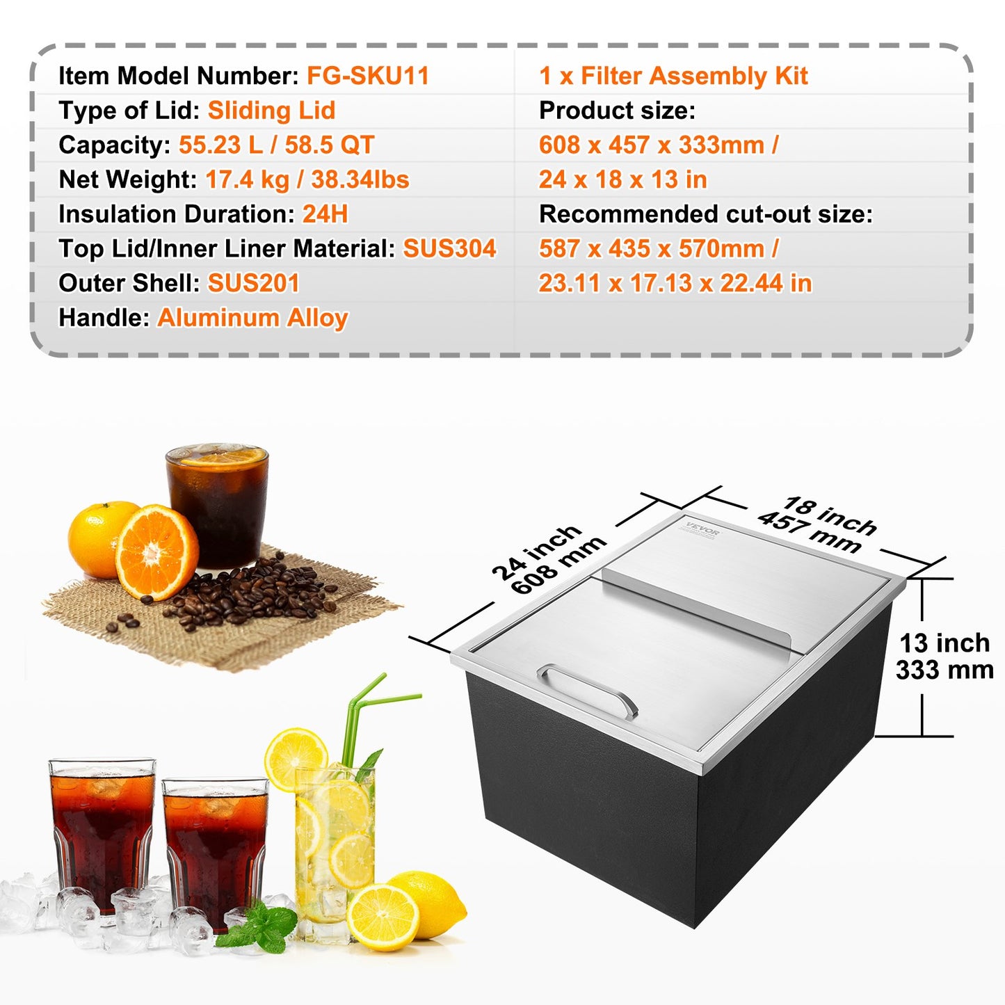 VEVOR Drop in Ice Chest, 24"L x 18"W x 13"H Stainless Steel Ice Cooler, Commercial