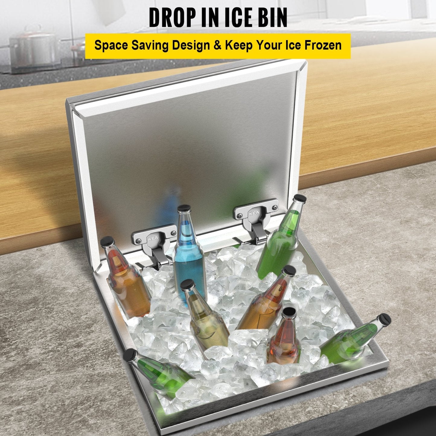 Stainless Steel Drop-in Cooler with Hinged Lid, 45L Capacity, Drain Plug Included