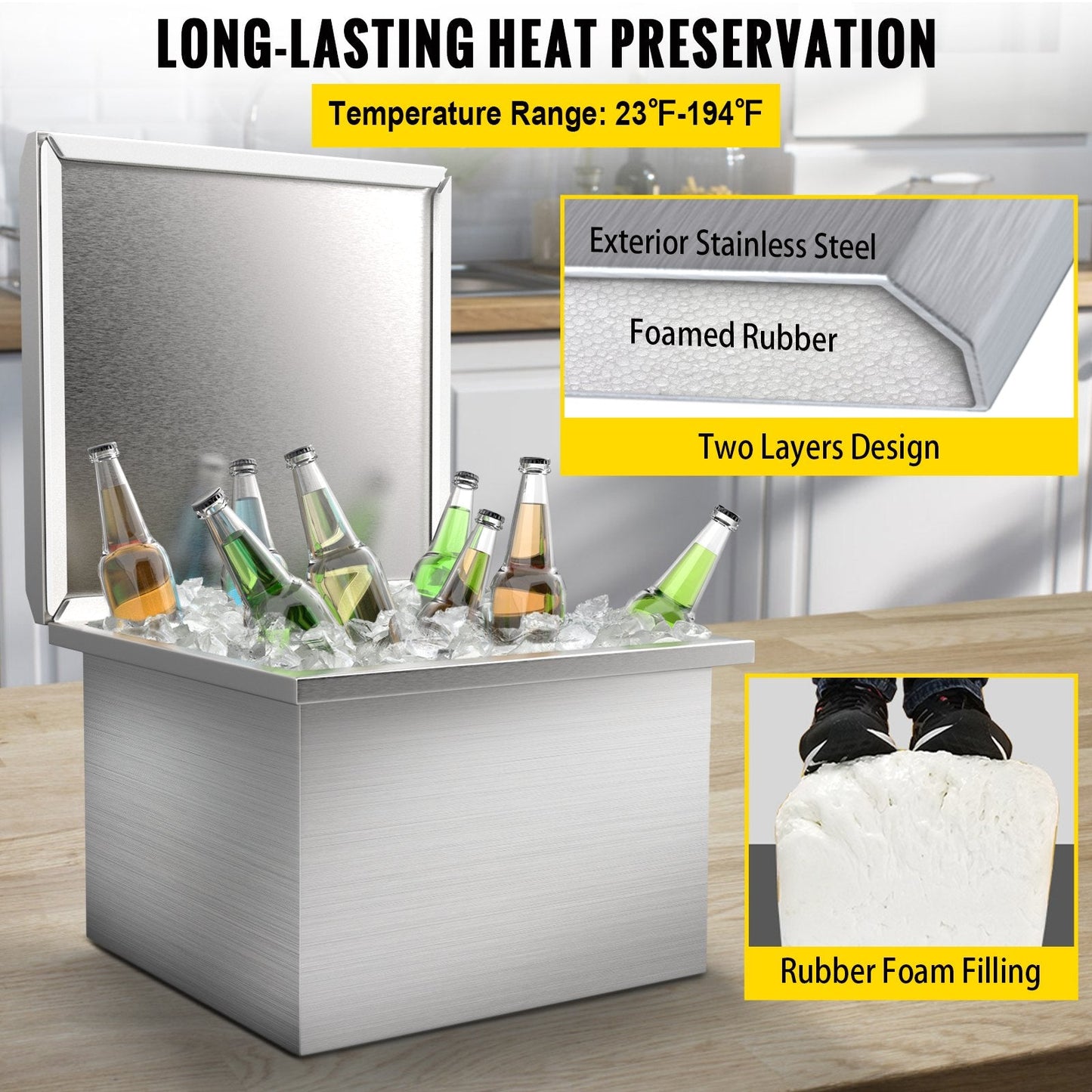 Stainless Steel Drop-in Cooler with Hinged Lid, 45L Capacity, Drain Plug Included