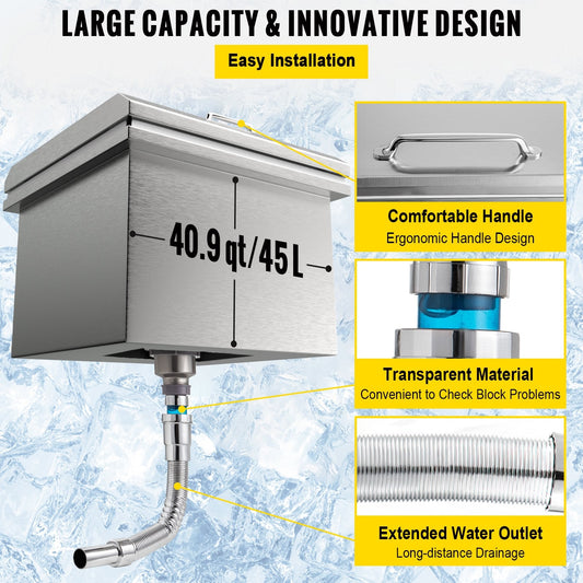 Stainless Steel Drop-in Cooler with Hinged Lid, 45L Capacity, Drain Plug Included