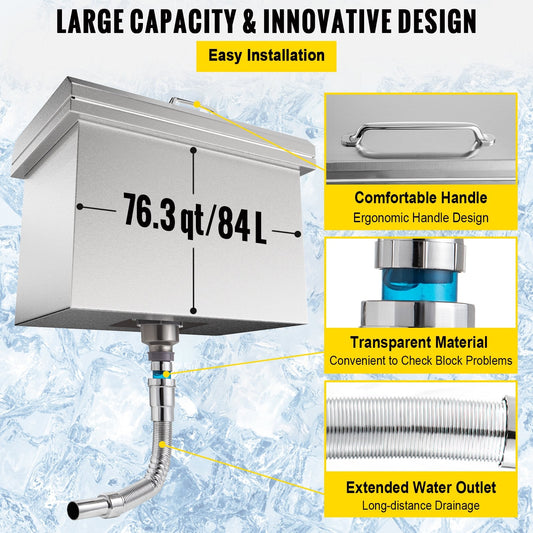Stainless Steel Drop-In Ice Chest with Hinged Lid, 0.84 m, 22.7 kg Capacity