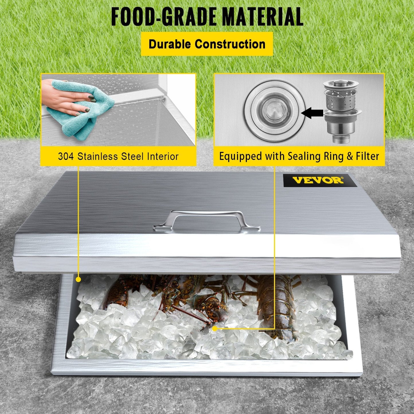 Stainless Steel Drop-In Ice Chest with Hinged Lid, 0.84 m, 22.7 kg Capacity