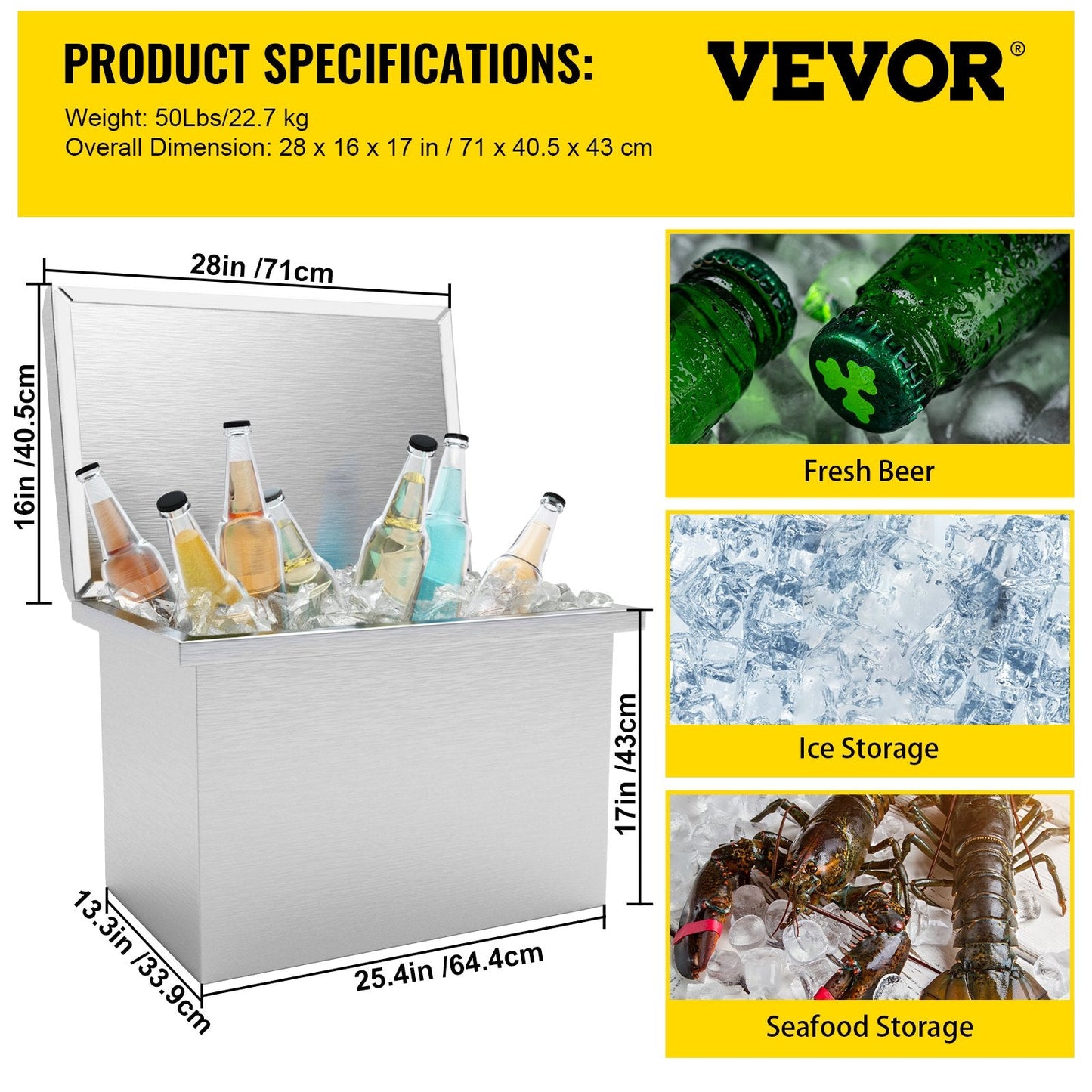 Stainless Steel Drop-In Ice Chest with Hinged Lid, 0.84 m, 22.7 kg Capacity