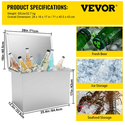 Stainless Steel Drop-In Ice Chest with Hinged Lid, 0.84 m, 22.7 kg Capacity