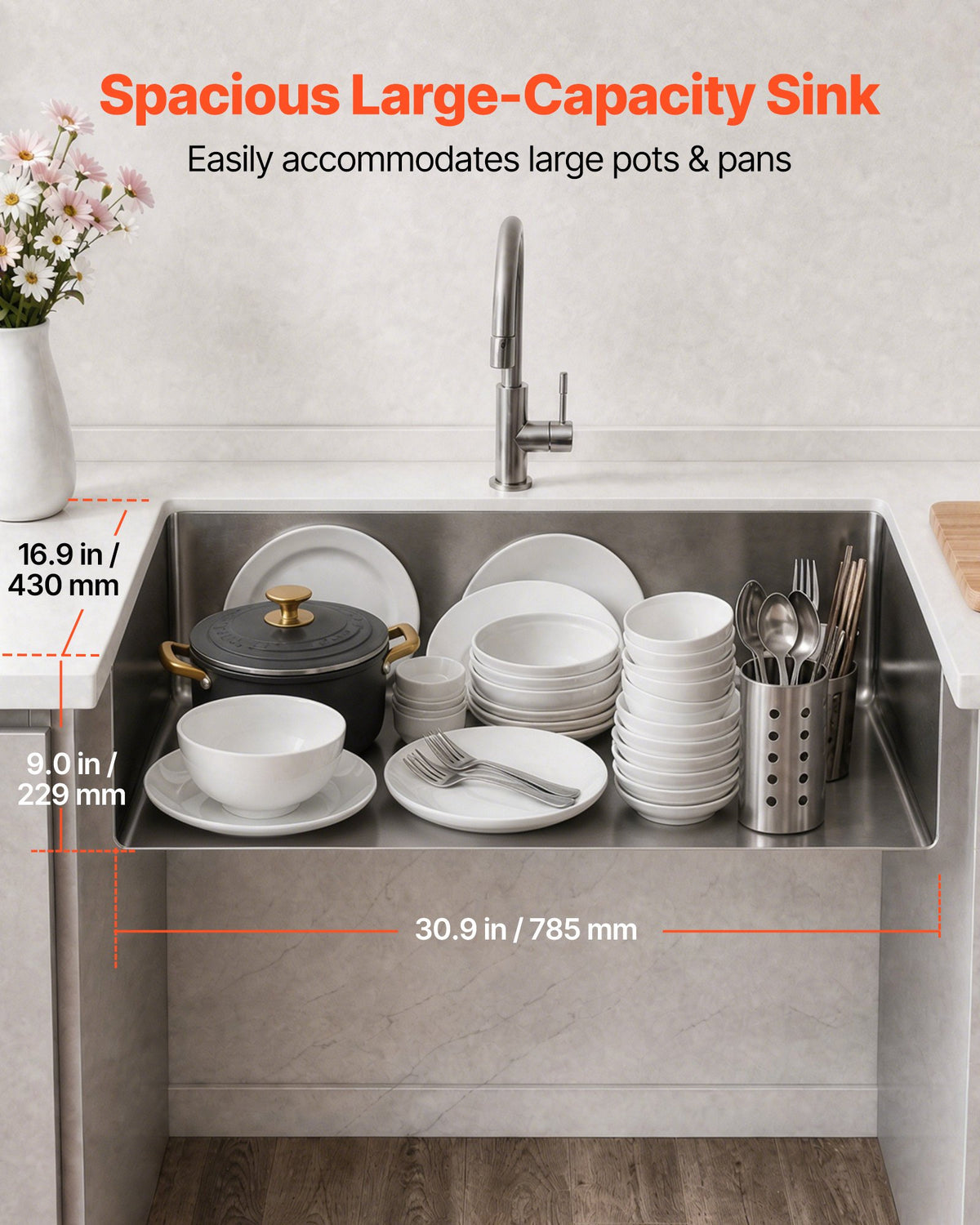 84 cm Kitchen Undermount Single Bowl Sinks, Stainless Steel Drop-In Farmhouse Basin with Ledge & Accessories, Household Dishwasher Sinks for RV, Prep Kitchen, Laundry Room, Bar