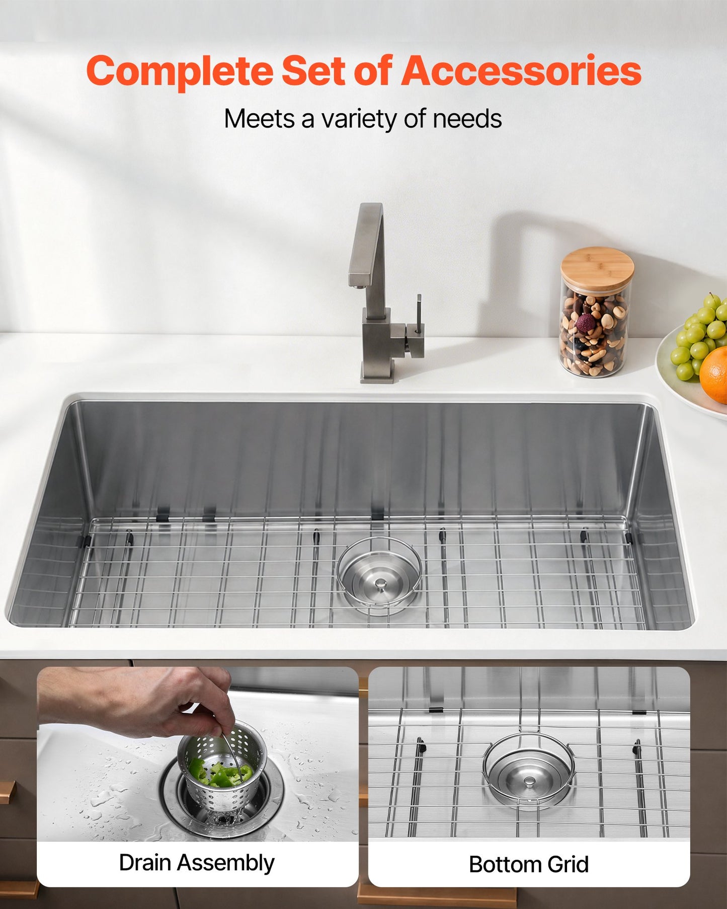 84 cm Kitchen Undermount Single Bowl Sinks, Stainless Steel Drop-In Farmhouse Basin with Ledge & Accessories, Household Dishwasher Sinks for RV, Prep Kitchen, Laundry Room, Bar