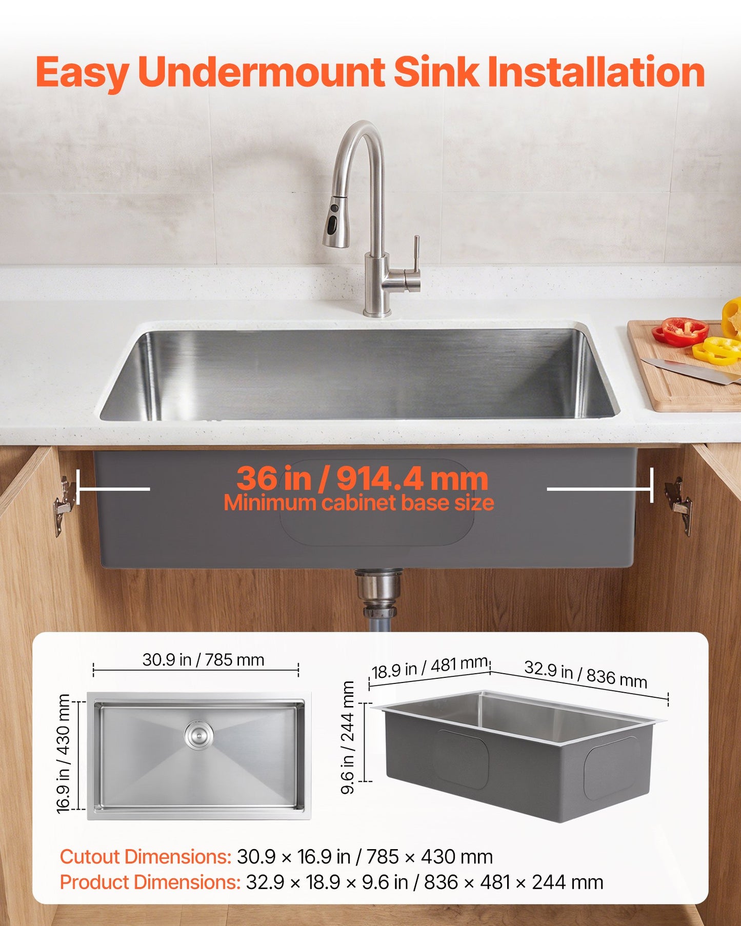 84 cm Kitchen Undermount Single Bowl Sinks, Stainless Steel Drop-In Farmhouse Basin with Ledge & Accessories, Household Dishwasher Sinks for RV, Prep Kitchen, Laundry Room, Bar