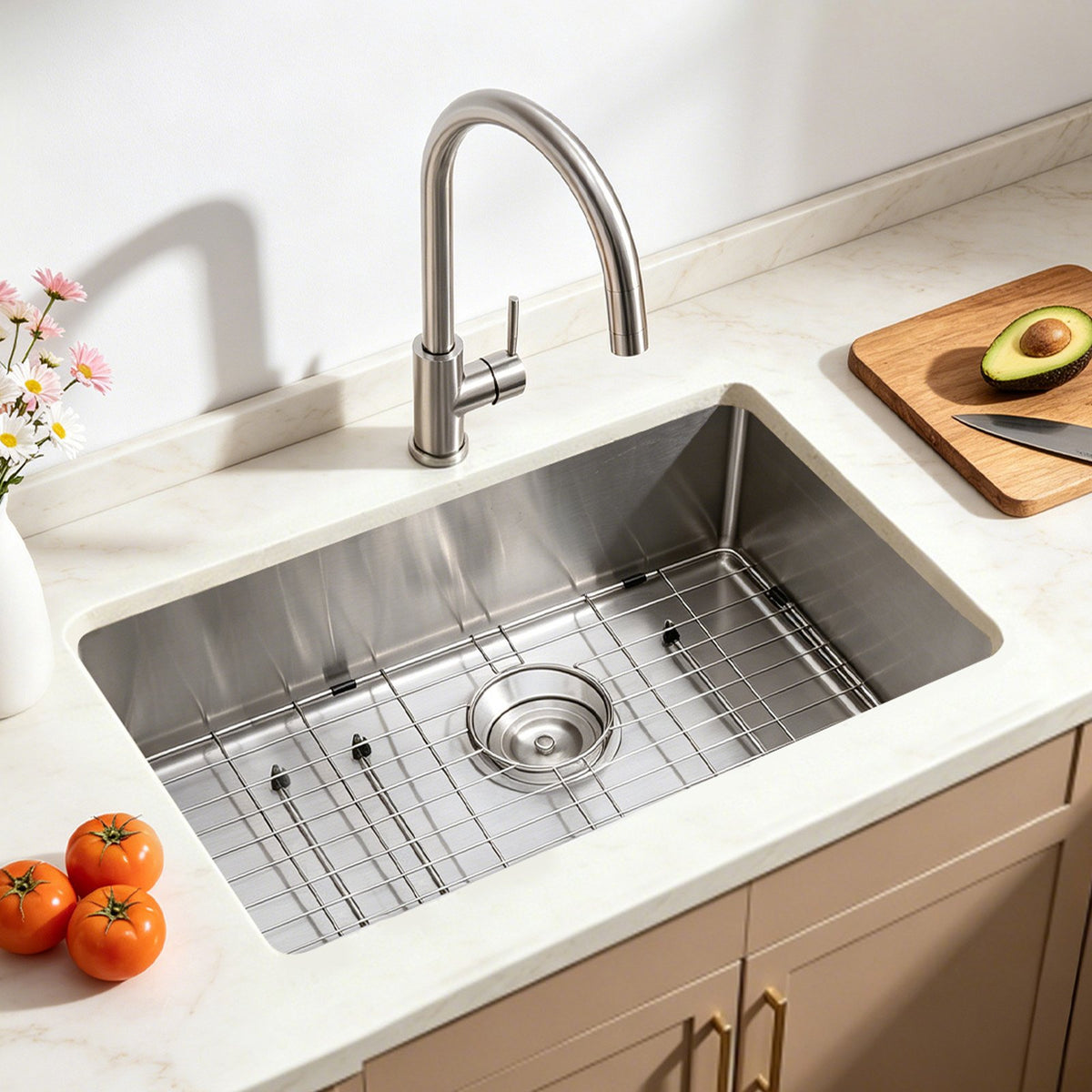 84 cm Kitchen Undermount Single Bowl Sinks, Stainless Steel Drop-In Farmhouse Basin with Ledge & Accessories, Household Dishwasher Sinks for RV, Prep Kitchen, Laundry Room, Bar
