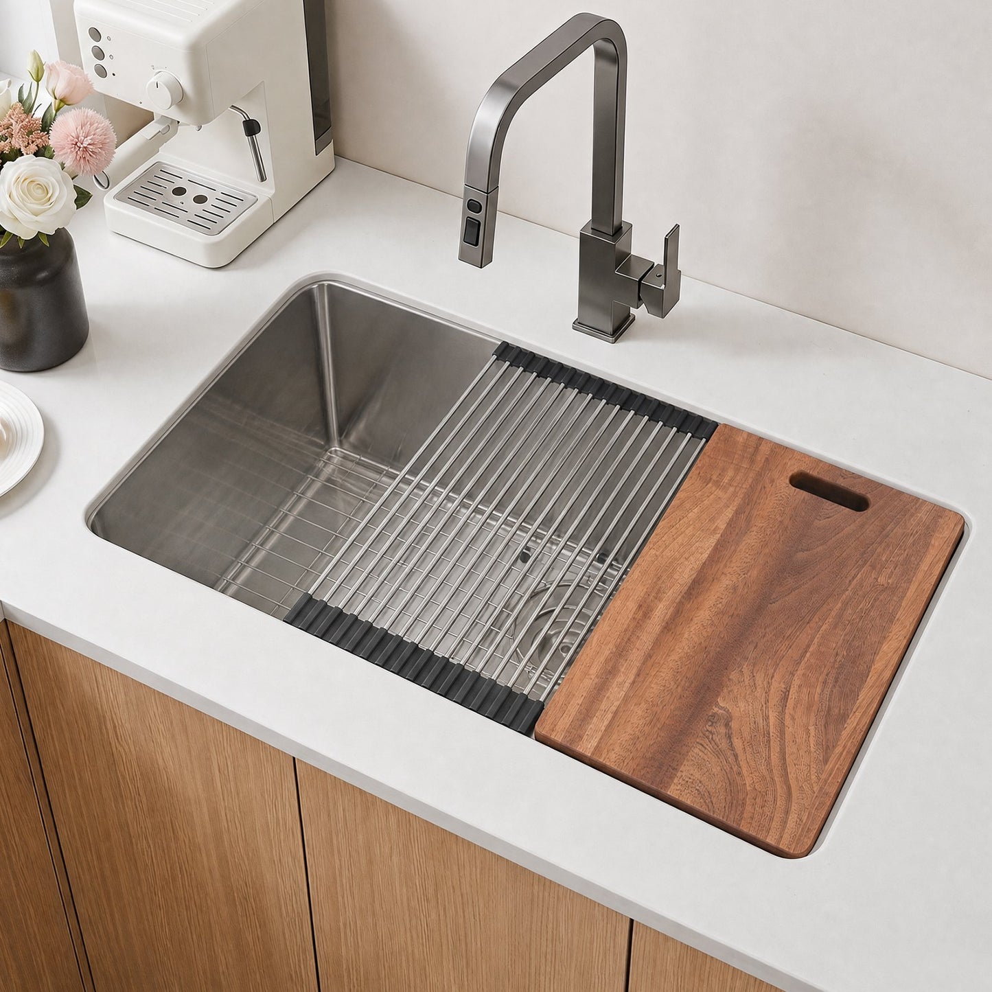 84 cm Kitchen Undermount Single Bowl Sinks, Stainless Steel Drop-In Farmhouse Basin with Ledge & Accessories, Household Dishwasher Sinks for RV, Prep Kitchen, Laundry Room, Bar